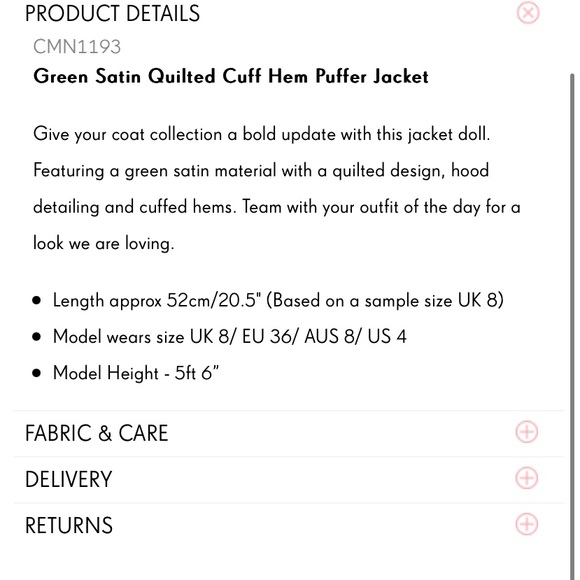 Pretty Little Things Green Satin Quilted Cuff Hem Puffer Jacket removable hood 6 - Picture 5 of 16